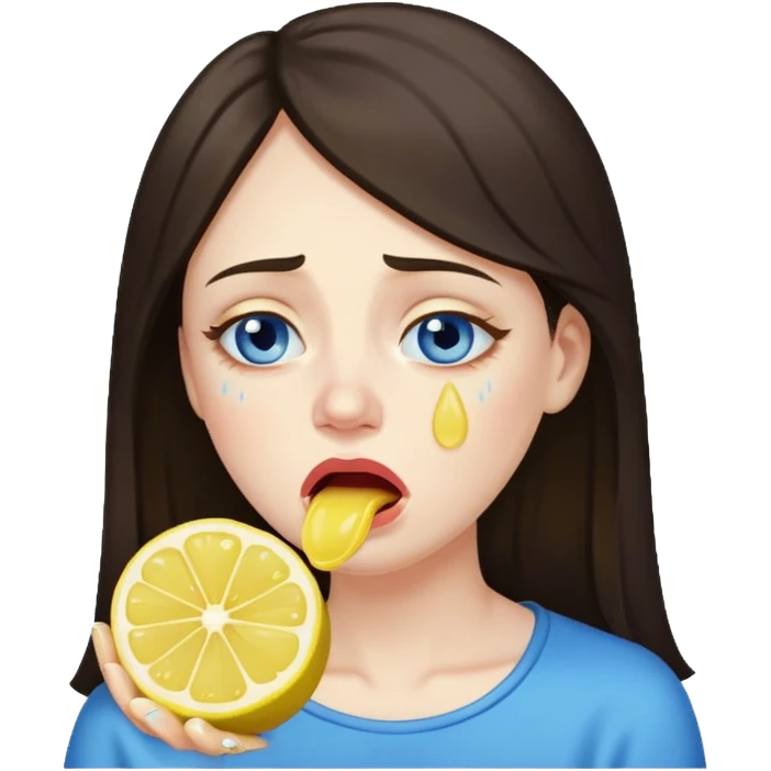 woman crying eating lemon. make tears blue color and brunette emoji
