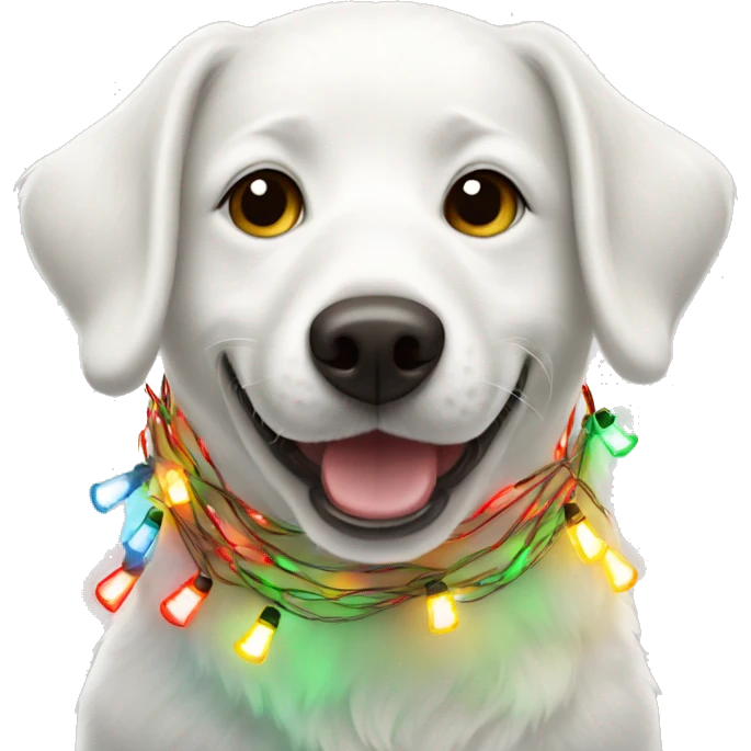 happy white dog wrapped in christmas lights emoji