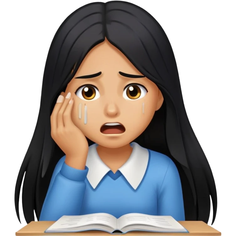 Pretty tanned girl with long black hair, crying out about homework emoji