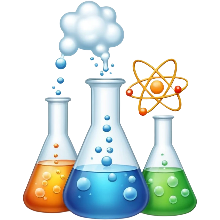 An icon featuring a chemical flask, bubbling with liquid, and an atomic structure, symbolizing chemistry. The design includes molecules, a periodic table, and laboratory equipment, representing the study of chemical reactions and elements. Transparent background highlights scientific research. emoji