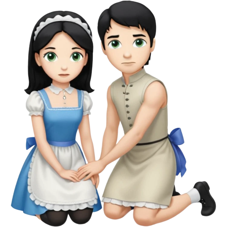 Prince, standing, black hair, blue eyes, garmont, and maid, blonde Hair, green eyes, white short sleveless dress, kneeling  emoji