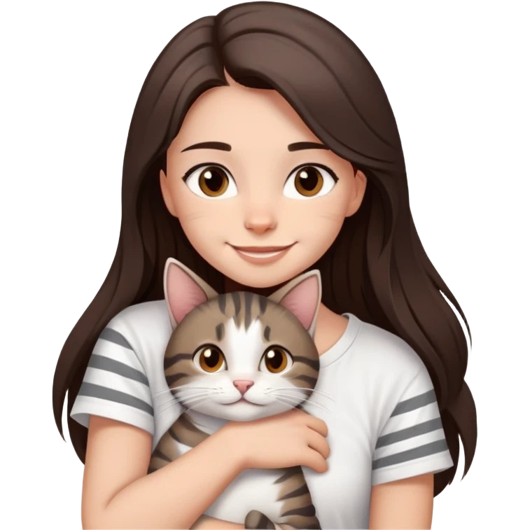a girl with long dark brown hair, in a
white T-shirt and brown eyes, smile, hugs a tabby
dark grey and white strips one cat emoji