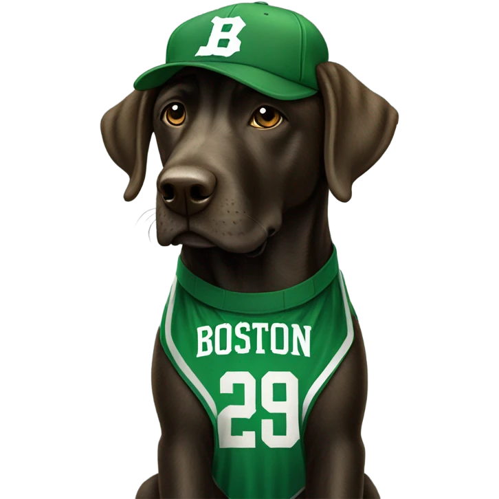 Brindle lab dog wearing Boston Celtics gear emoji