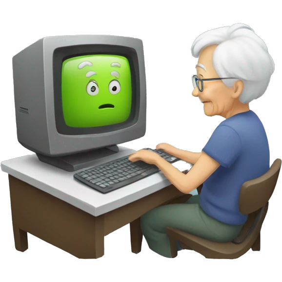 an elderly person interacting with a computer emoji