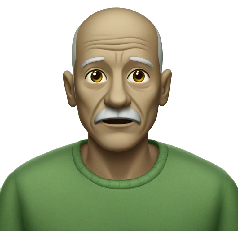 A frail man with a large triangular nose and two buckteeth with a buzzcut and a dirty green shirt emoji