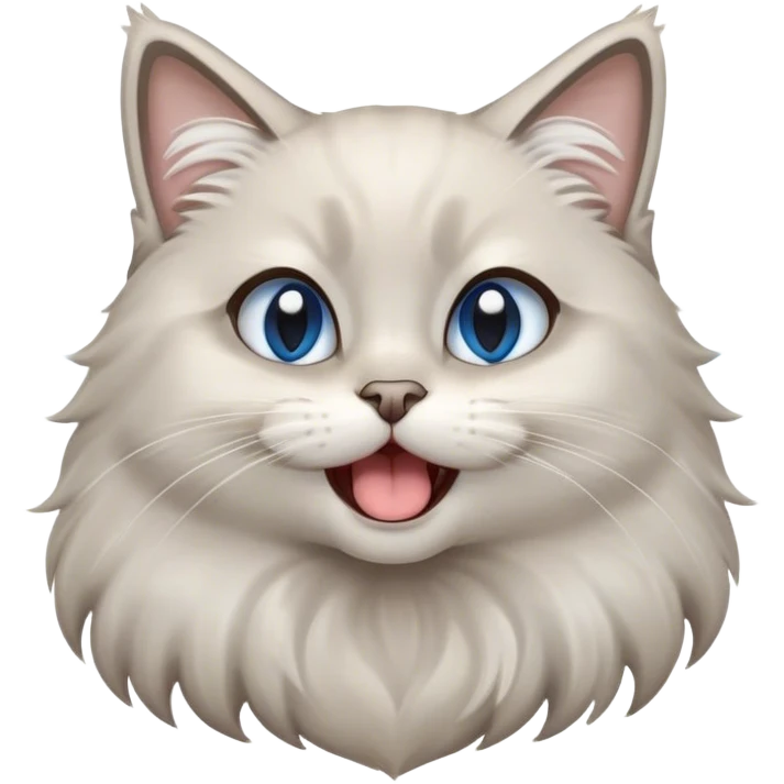 Cinematic Adorable Fluffy Light Grey Mantle Ragdoll Cat Portrait Emoji, Head tilted cutely with big, sparkling blue eyes, soft light grey fur with darker points on the ears, face, and paws, Simplified yet irresistibly adorable features, highly detailed, glowing with a soft, warm glow, high shine, yawning in a peaceful and playful manner, stylized with a touch of whimsy, bright and endearing, soft glowing outline, capturing the essence of a relaxed and loving kitten, so cute it feels like it could leap out of the screen and stretch into a cozy nap! emoji