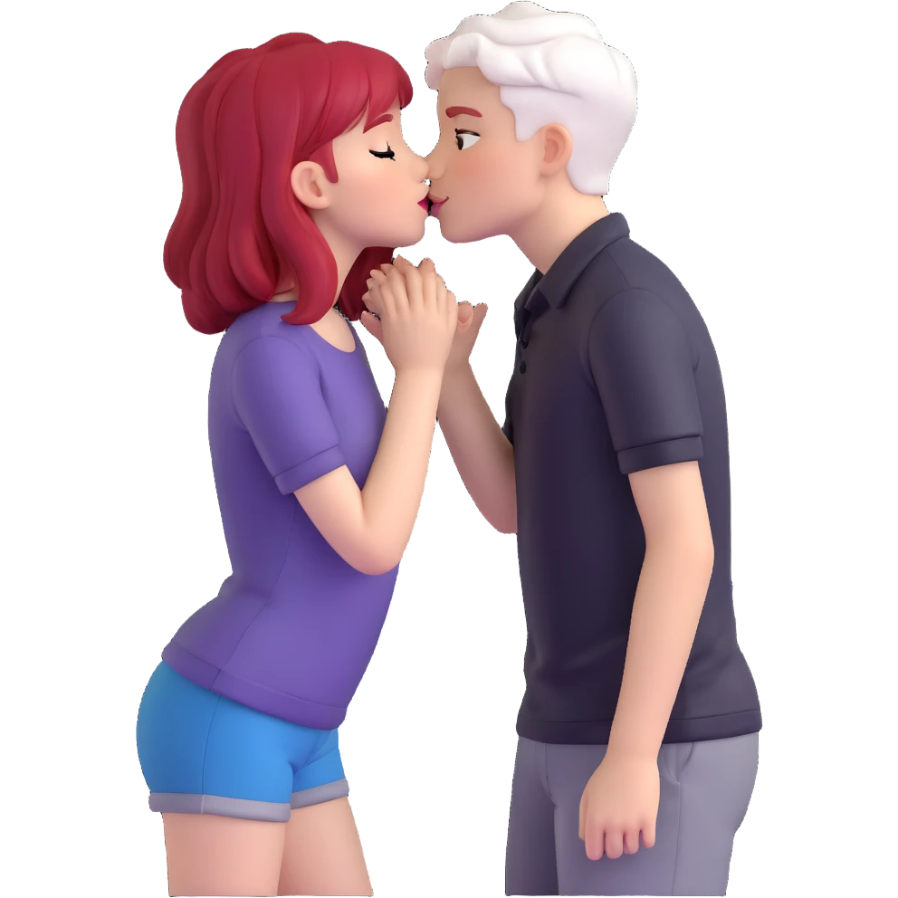 couple kissing, boy with PAPER WHITE SHORT HAIR (completely white), dark shirt, girl with long cherry red hair, light clothes emoji