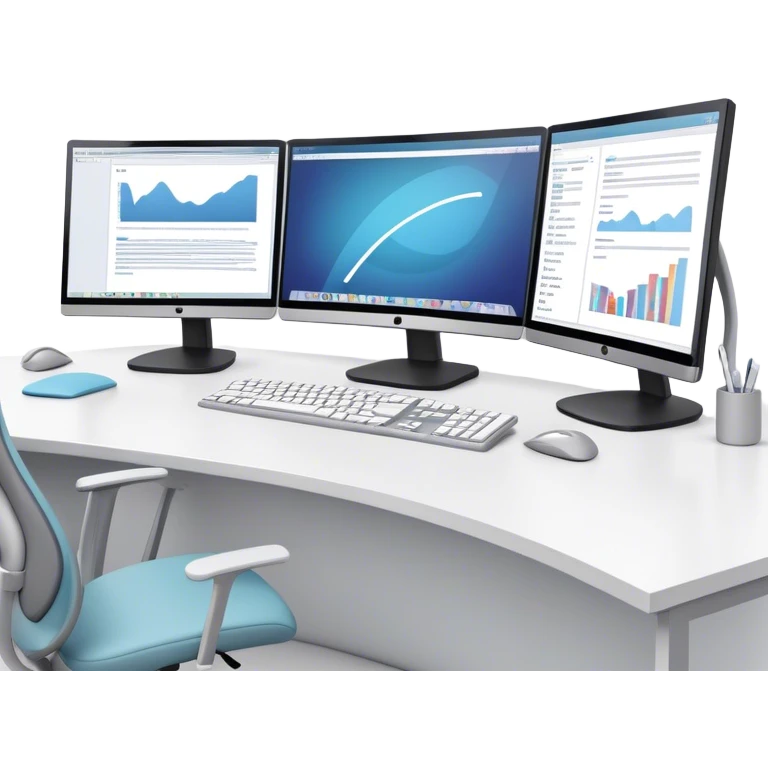 Create an emoji for UX/UI design. Show two large curved monitors displaying UX/UI design interfaces. Include a mouse, keyboard, and stylus next to the screens. Use modern, professional colors. Do not include any emojis or smiley faces. Make the background transparent. emoji