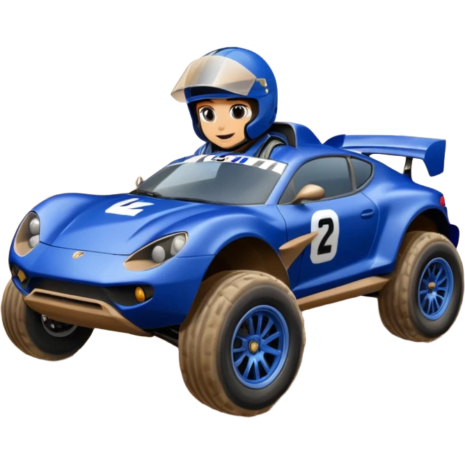 Dirty Joke’s Midnight-blue Local Motors Rally Fighter off road race car being driven by a cayman , sitting in the driver’s seat, over a dirt ramp  emoji