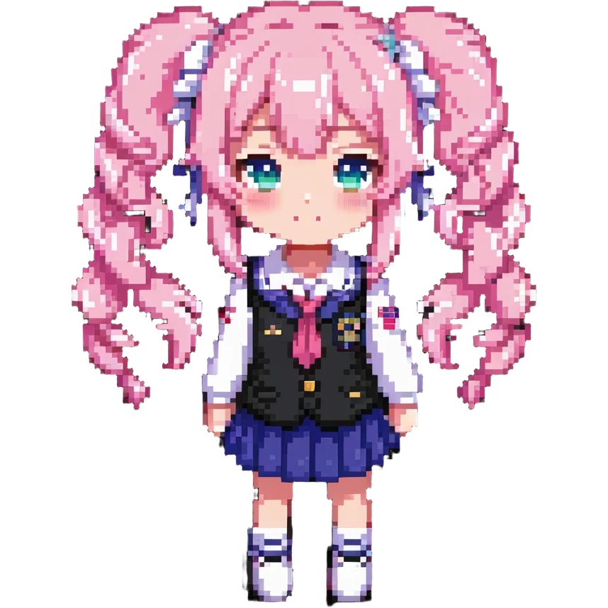 Pixel art anime girl with pink twin tails and school uniform, cute chibi style emoji