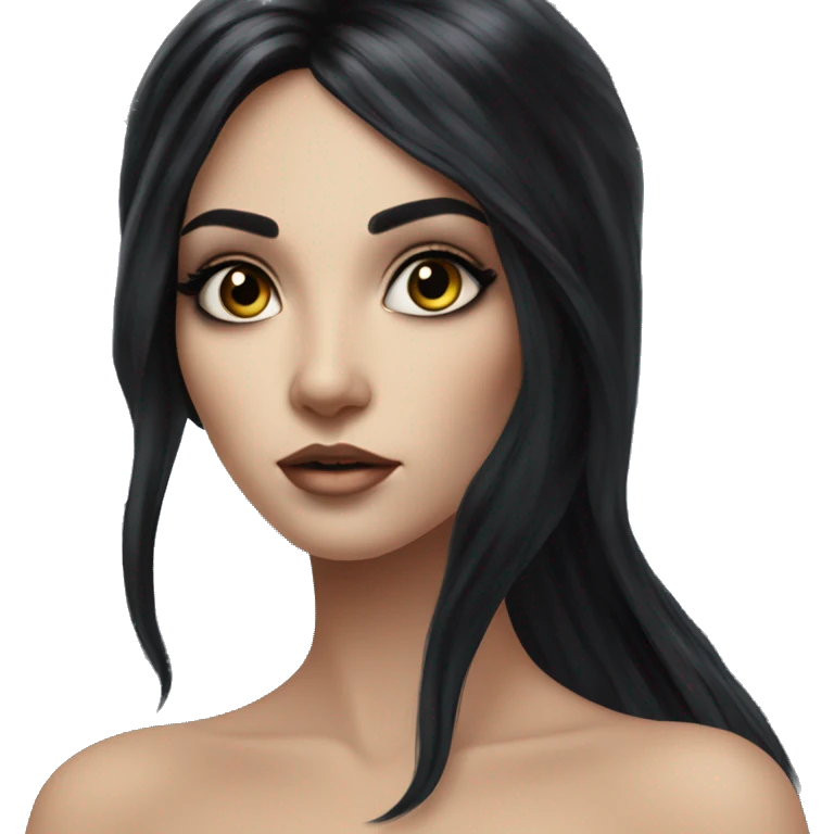 fairy with long, flowing black hair. She is slender with an hourglass figure and has strikingly large, expressive eyes. The fairy is applying black mascara to her long lashes, showcasing her beauty and elegance emoji