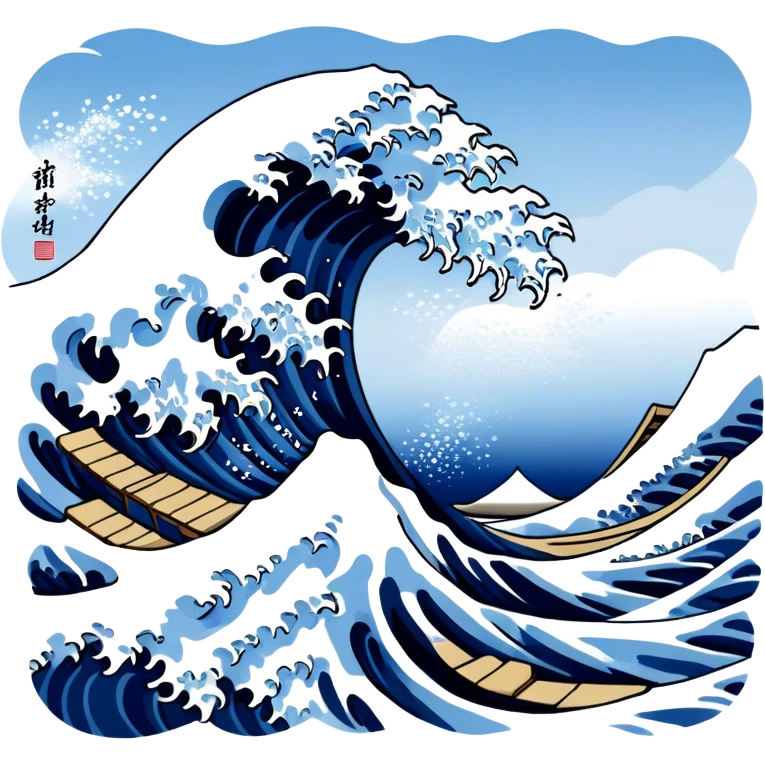 Cinematic Realistic Great Wave off Kanagawa, depicted as a colossal, crashing wave with dynamic blue hues and frothy white crests, rendered with intricate textures and fluid motion that captures both the timeless power and poetic beauty of the iconic Japanese artwork emoji
