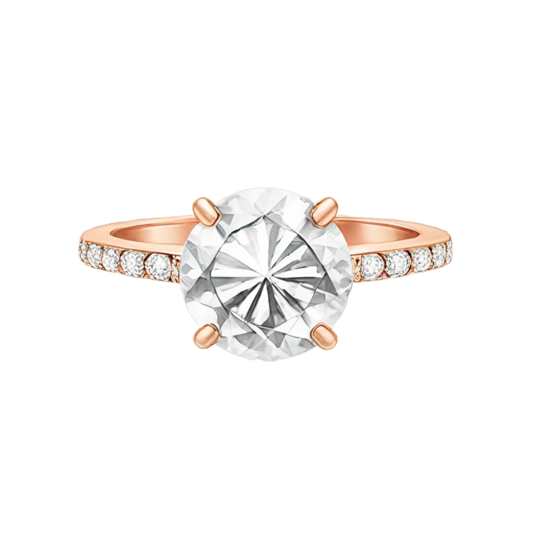 rose gold engagement ring with big sparkly round shaped diamond  emoji