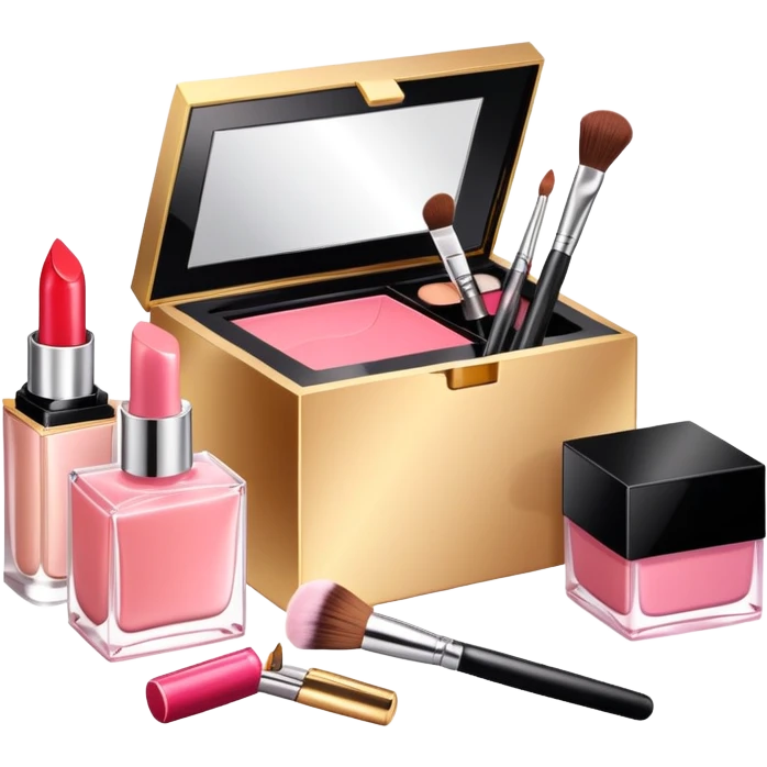 an open box with makeup brushes, compact powder, and perfume bottle spilling out emoji