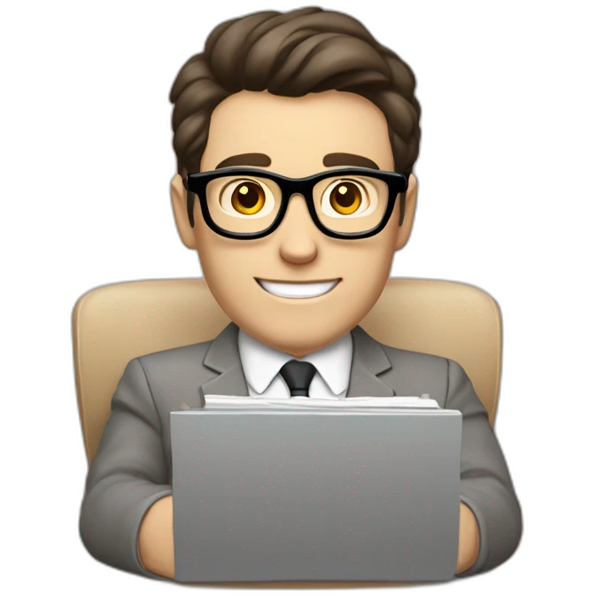 Pale skinned Fit Man With dark brown hair in gray jacket, beige office shirt and vintage glasses sitting In a soft chair with a notebook with emblem Ψ and a pen in his hands emoji