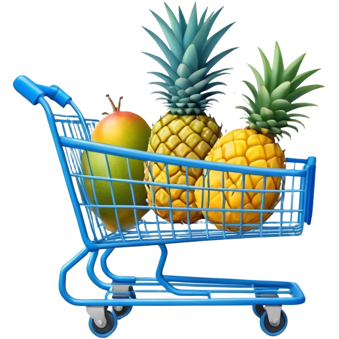 pineapples, mango and passion fruit in a blue Shopping cart  emoji