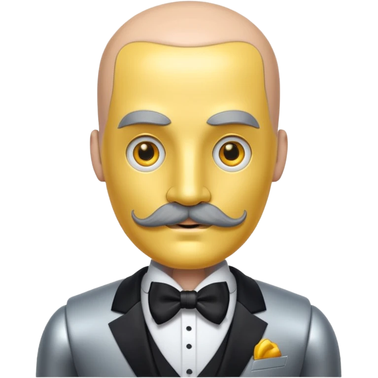 robot with thick moustache, no hair, yellow eyes without pupils, wearing a tuxedo, buff emoji