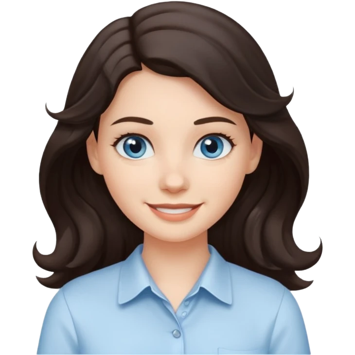 A White girl with wavy and dark hair, light blue eyes and a white shirt smiling emoji