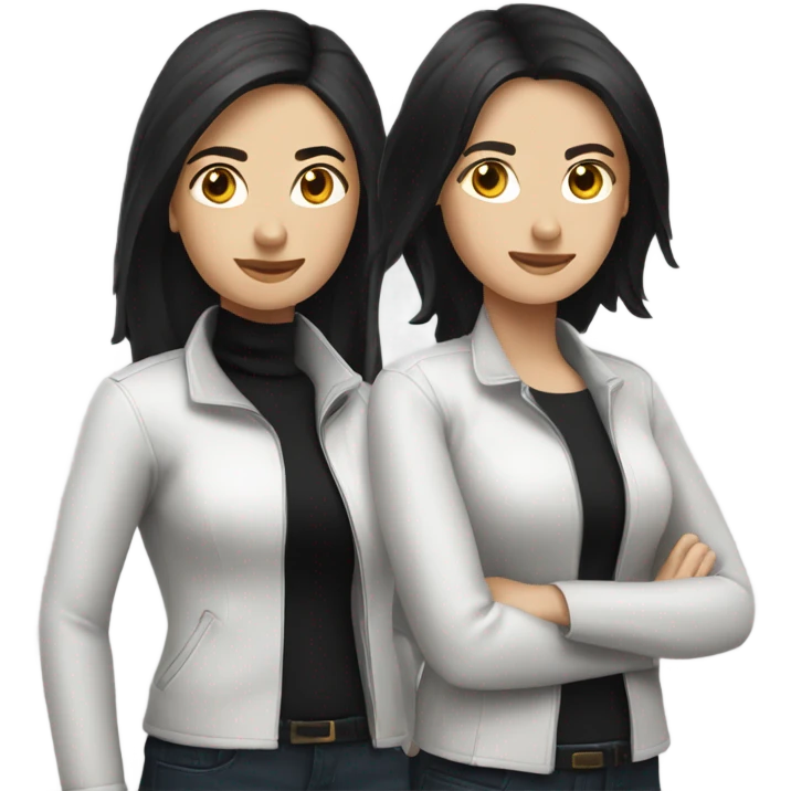 two caucassian woman with black jackets. One has black hair the other one has brown hair and is slightly shorter then the woman with black hair emoji