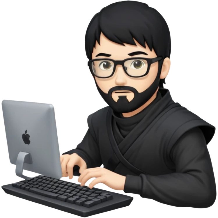 Man with black hair and beard wearing glasses in a ninja costume typing on a computer keyboard emoji