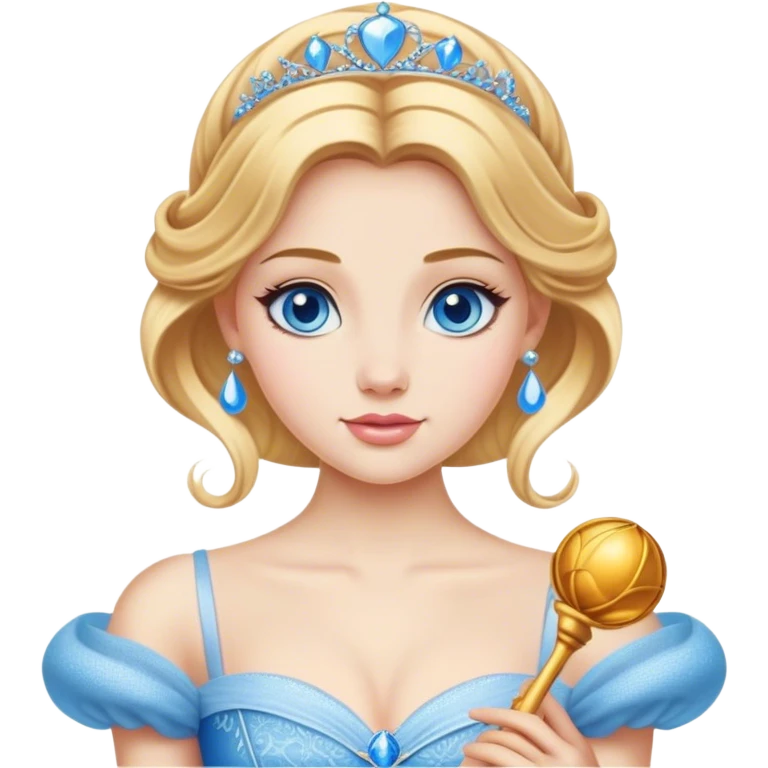 Cinematic Realistic Comical Cinderella Portrait, with every detail rendered realistically—from the soft, smooth texture of her fair skin to her artfully styled golden-blonde hair. Her bright blue eyes are wide with playful disbelief, and her expression carries a touch of whimsical humor while retaining elegant poise. Her classic ball gown, detailed with rich fabric textures and natural shadows, catches the light in a way that blends refined beauty with a hint of cheeky mischief, creating a striking, lifelike portrayal. emoji