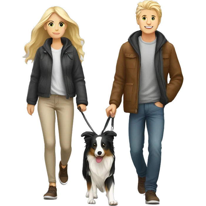 Blond white couple (long hair girl) walking tricolor border collie emoji