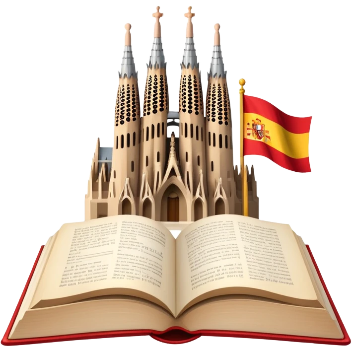 An icon featuring the Sagrada Familia and the flag of Spain, symbolizing the Spanish language. The design includes an open book with Spanish text and flamenco dancers, representing language learning and cultural heritage. Transparent background emoji