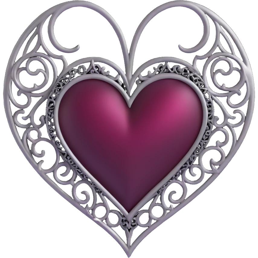 gothic heart, black satin, silver filigree, dark ruby center, ornate and dramatic emoji