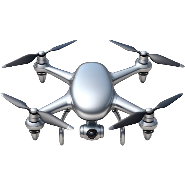 A futuristic drone emoji made of polished silver chrome, smooth rounded body, minimal propellers, reflective metallic surface, soft studio lighting, iOS emoji style, centered, clean white background emoji