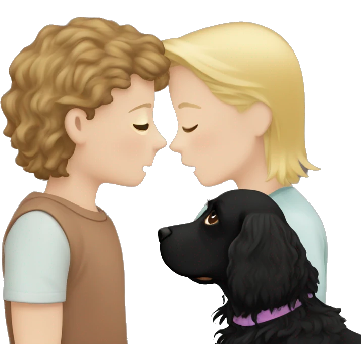 blond-haired boy and brown-haired girl kissing with a black cocker spaniel emoji
