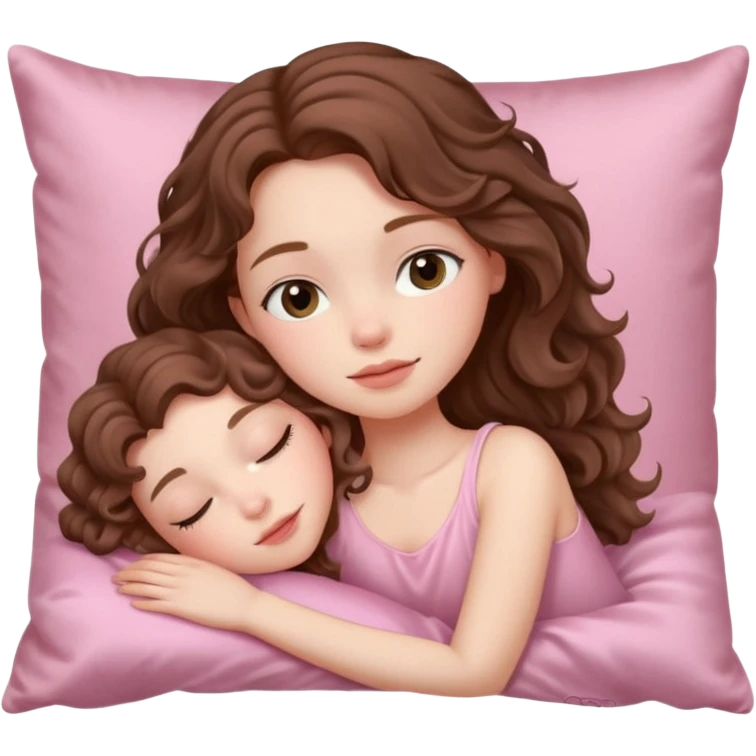 Sleeping beauty pale-skinned girl with brown wavy hair, resting peacefully on a soft pink silk pillow on her side, wearing pastel pink emoji