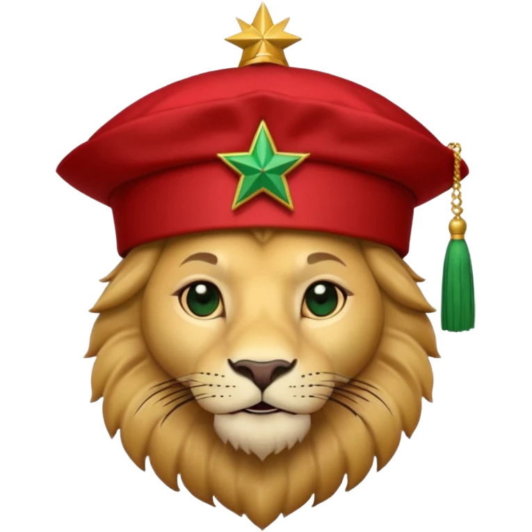 Cute lion emoji face wearing a Red Moroccan fez hat with a flat top, straight sides, a green five-pointed star on the front, and a thin black tassel hanging from the right side. emoji