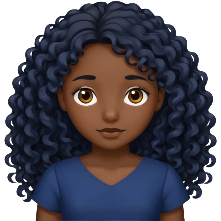 A girl with dark brown eyes Long curly black hair, slightly lighter than brownish black Navy blue dress emoji