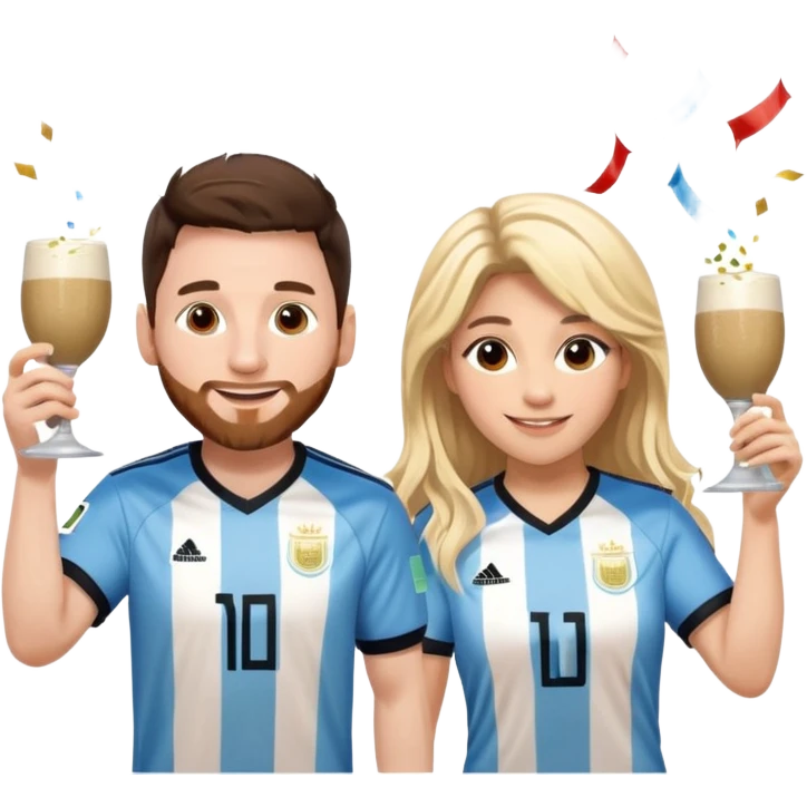 Messi in Argentina jersey and Shakira in a stage outfit, toasting with yerba mate, both smiling, cute and fun emoji style, with confetti background emoji