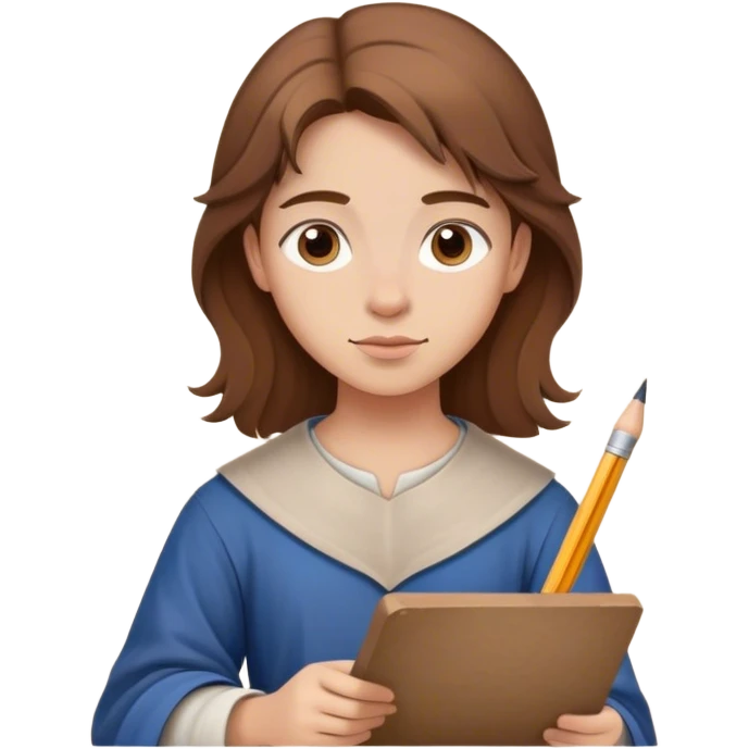 smart medieval painter apprentice with brown hair drawing paper and pencil emoji