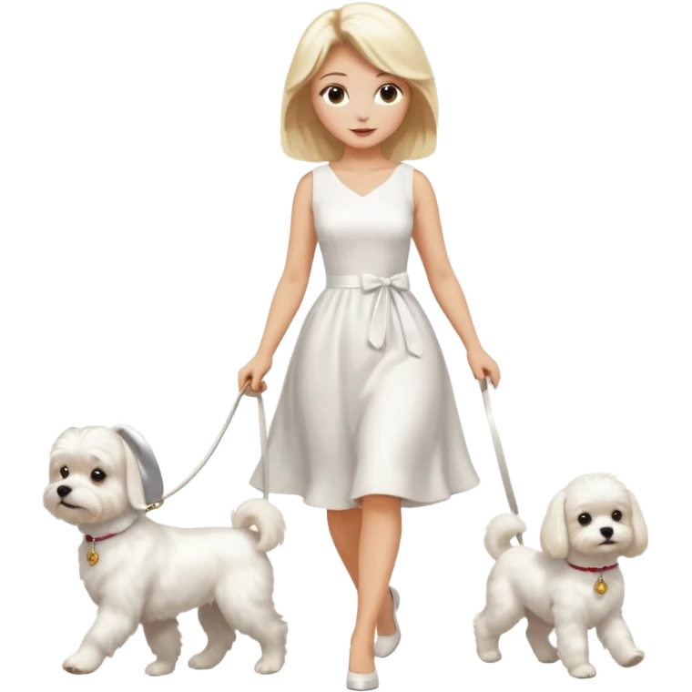 blonde woman wearing white, walking 1 maltese dog emoji