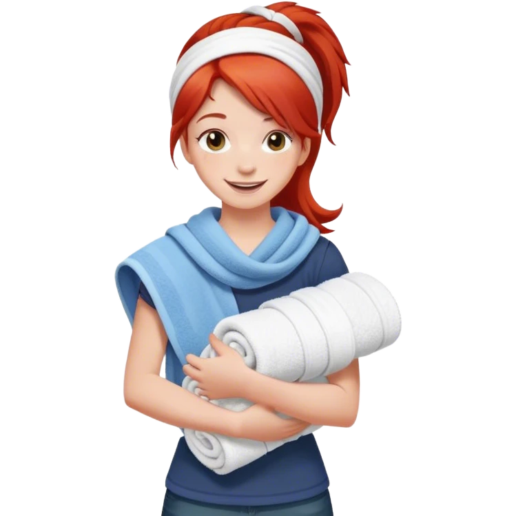 cheerful teenager with red hair carrying a stack of towels in her arms emoji