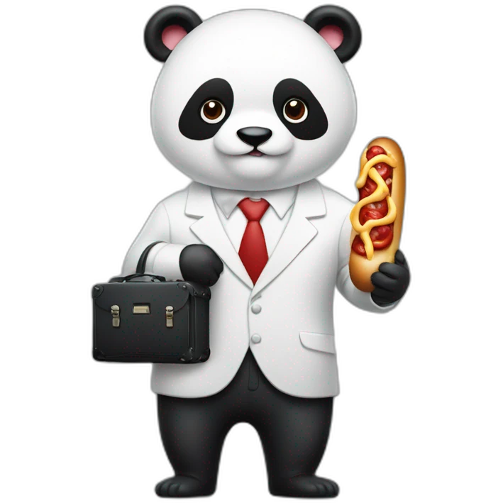 A professor with white suit and red tie and a panda face eating a hotdog and holding a black suitcase emoji