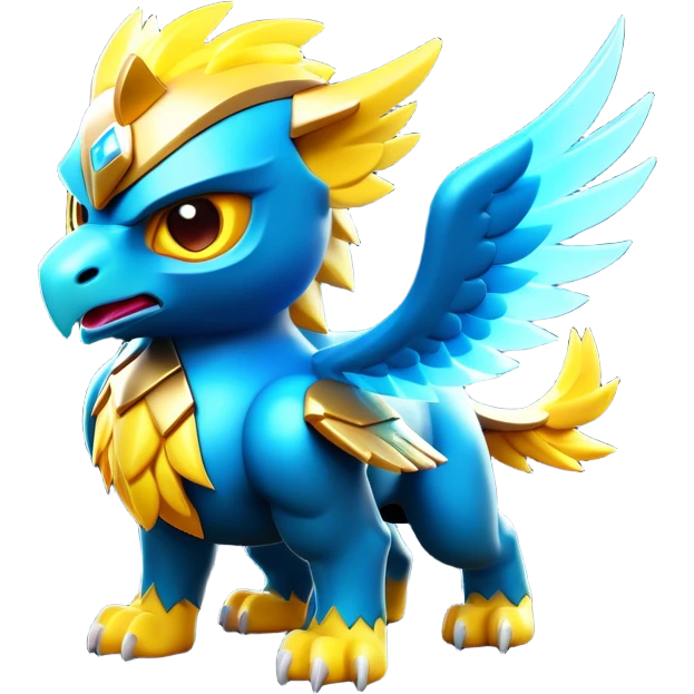 Clash of Clans aesthetic: Cinematic fierce lightning gryphon Beast Emoji, rendered in a 3D vector-style similar to standard emojis with minimal shading and bold, simplified shapes. A compact, isometric mythical creature with wild, majestic features and fierce yet endearing eyes, softly glowing with a primal enchanted charm. Simplified yet unmistakably iconic, highly detailed and consistent, glowing with a soft radiant shine and high polish. Stylized with a touch of mythical wildness and a soft glowing outline, capturing the essence of a legendary beast with a friendly, playful allure! emoji