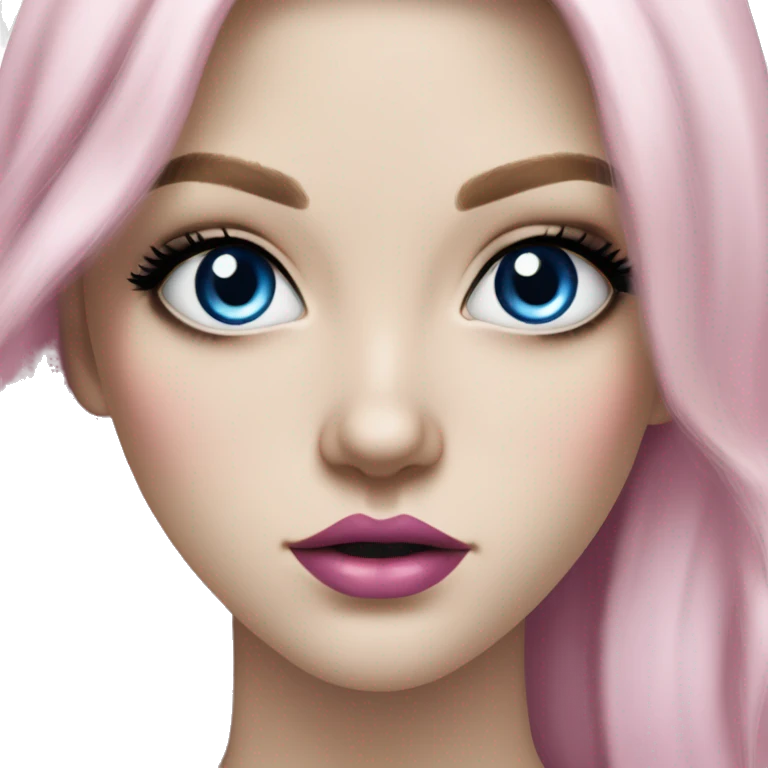 Hyperrealistic pale white girl with blue eyes and long black hair with pink fringe. Wearing gold chain necklace, white diamond stud earrings and has dark eye makeup on her eyes emoji