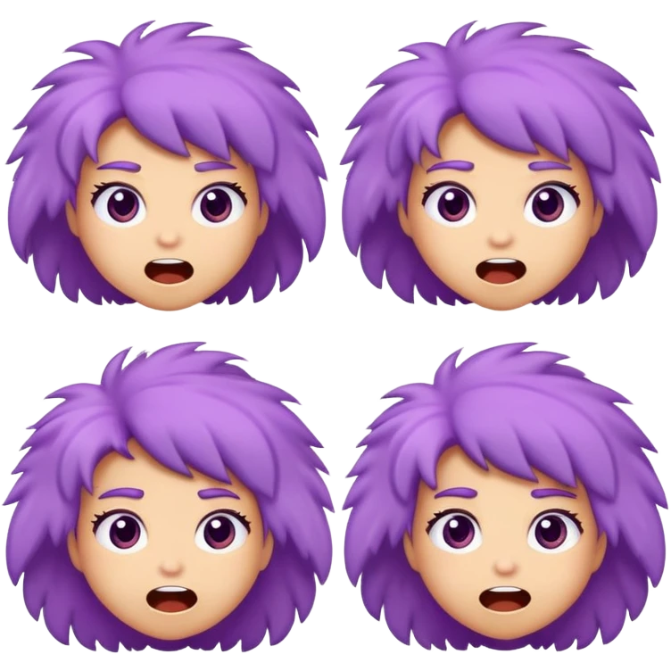 I want a fluffy purple character that is a girl who can be in different moods like happy, surprised, excited, angry, and tired emoji