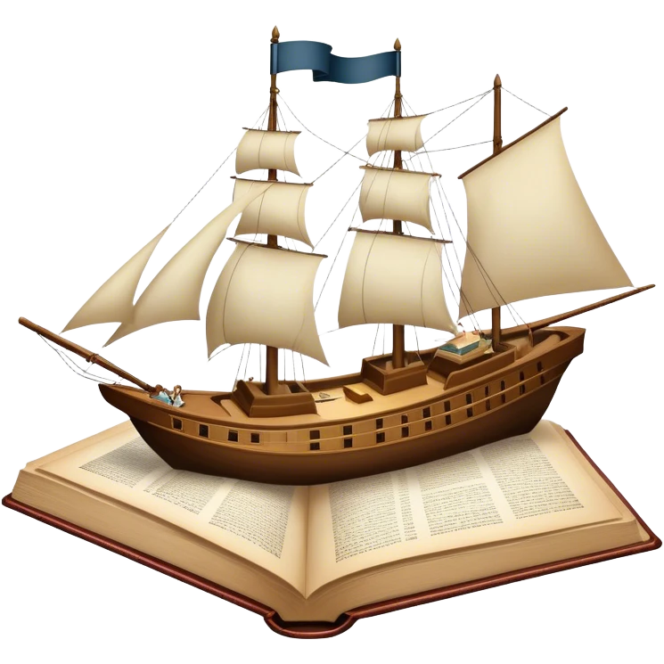 Icon for Reading Fiction: a large open book with pages turning, Musketeers on horseback, Sherlock Holmes and other literary elements, a sailboat sailing across the pages. The icon should evoke the adventurous spirit of storytelling. Transparent background. emoji
