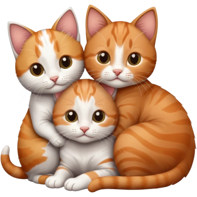 3 kittens cuddling together all different colours, the first one is grey and white, the second is ginger and white and the third is brown tabby and white emoji