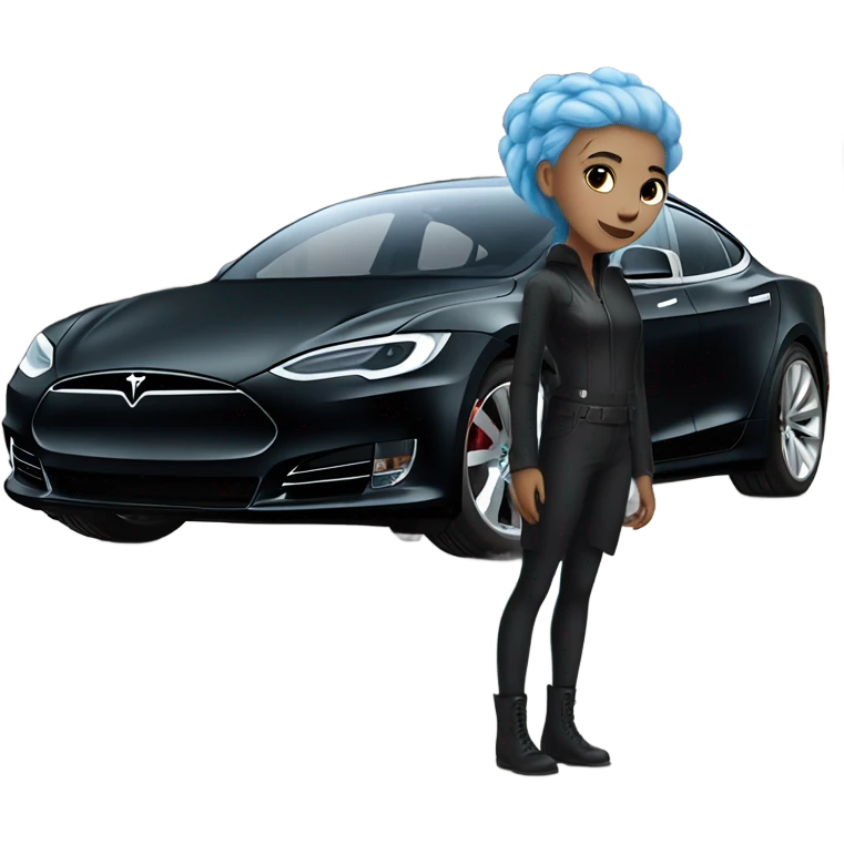 white skin girl with blue hair in black clothes standing next to tesla car emoji