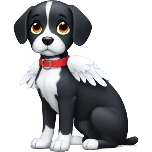 black dog with white patch, big jowls, sad puppy eyes, angel wings, red collar emoji