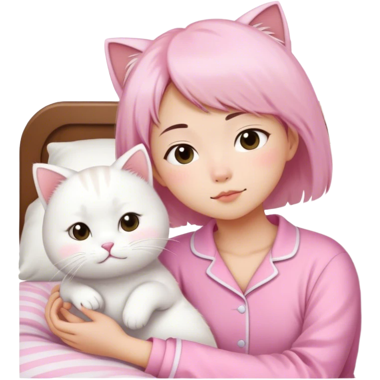 Short hair Asian girl wear in pink wake up with white cat  emoji