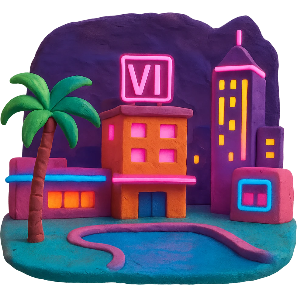 claymation style neon city with palm tree inspired by GTA 6 emoji