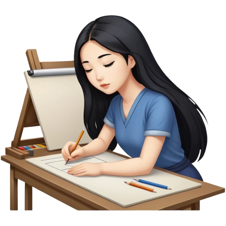 Asian woman in long hair drawing on drawing table, looking down  emoji