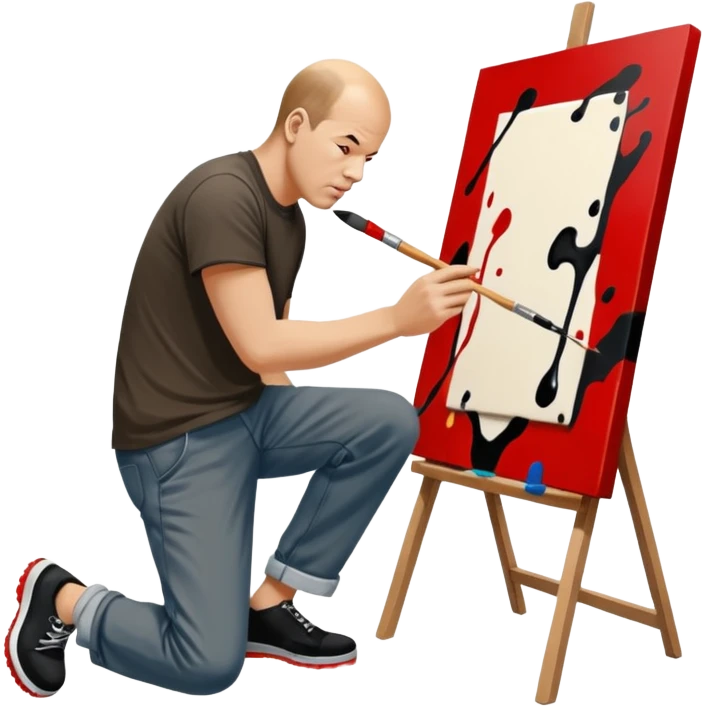 Jackson pollock the abstract artist leaning over to flick black white and red paint from a brush onto a canvas at his feet emoji