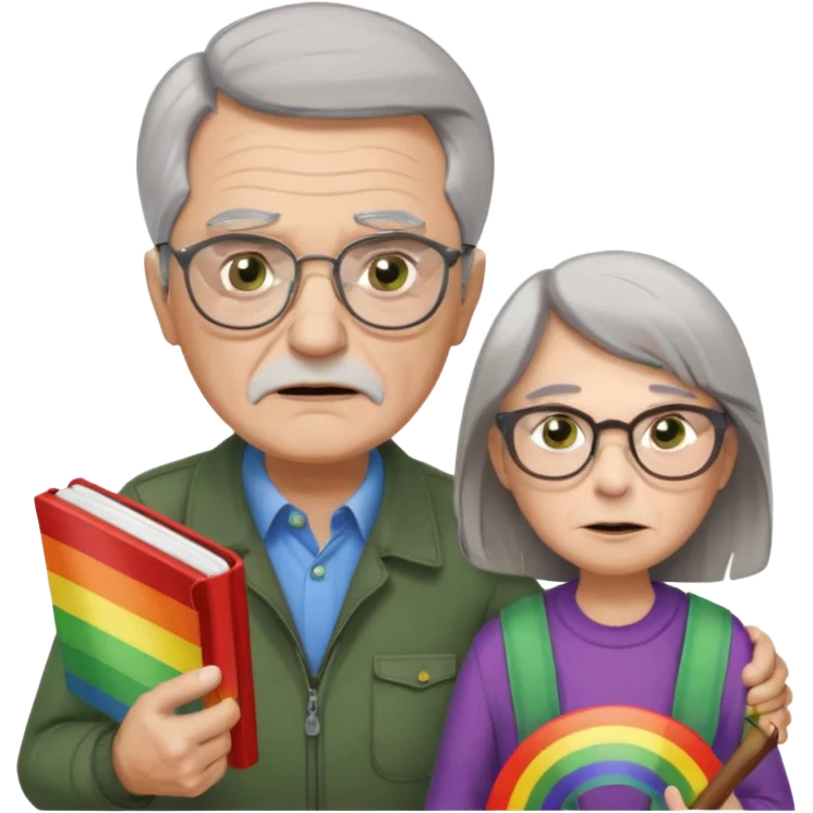 make old old man like 80 with gray hair and fur has HUGE EYE brows and glasses and is always mad and gay holding the rainbow flag and walking a young girl about 1 with brown hair and green eyes with a moth book with the other hand emoji